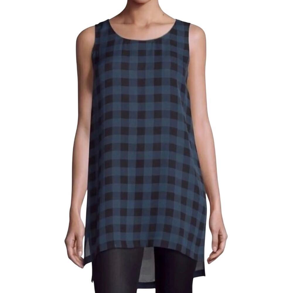 EILEEN FISHER Women’s Silk Blue Checked Scoop Neck Sleeveless Tunic